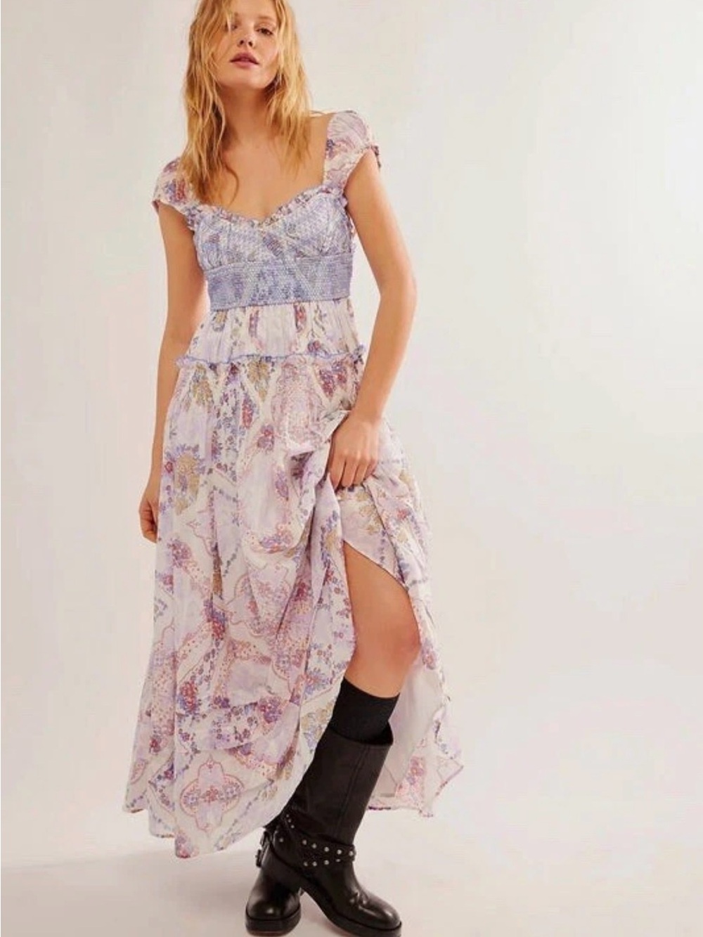 FP forever favorite smocked printed maxi dress